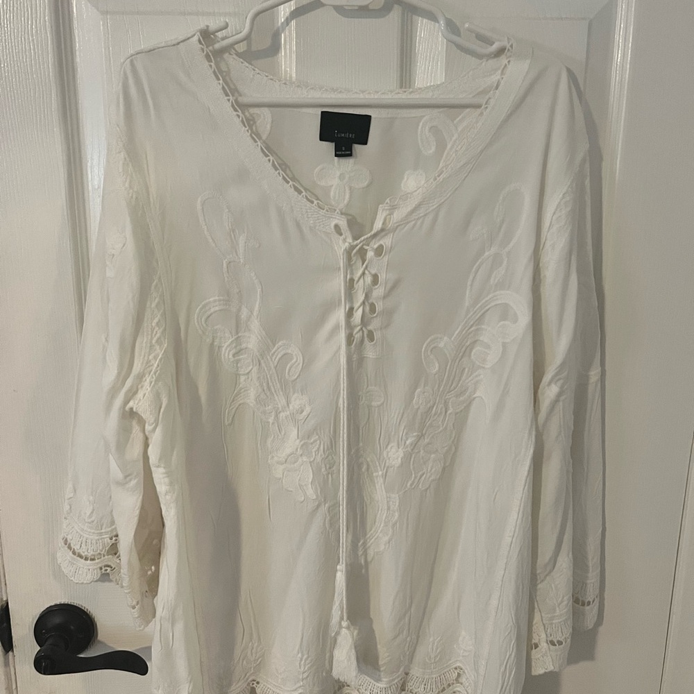 Talbots White Blouse with Tie Front and Embellished Details